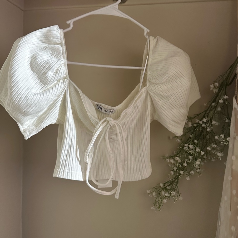 ZARA White Puff Sleeve Crop Top
